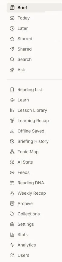 News Dashboard navigation with Brief, Today, Search, Ask, learning, and settings destinations