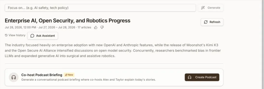Generated daily brief with a headline, summary, history, and podcast controls