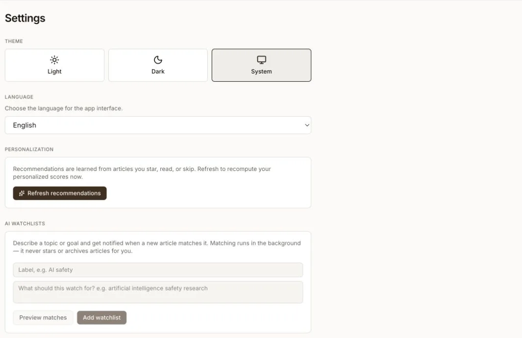 Settings showing theme, language, recommendation refresh, AI Watchlists, and AI Memory