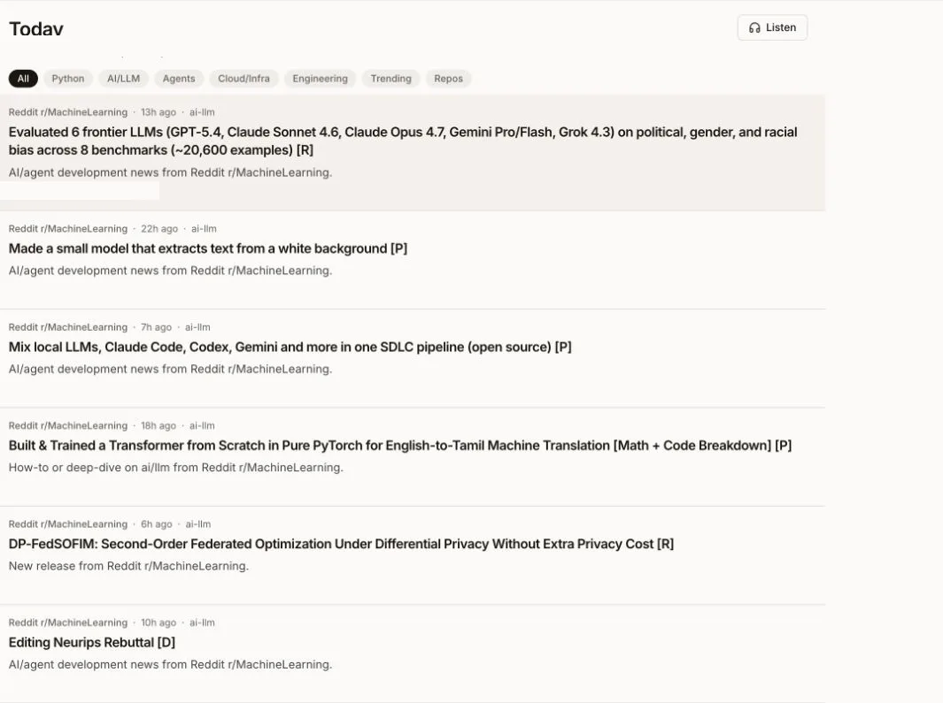 Today feed with category filters and an article list