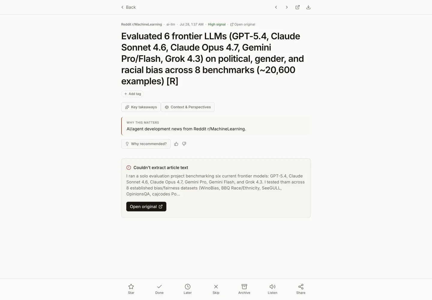 Article reader with the Star, Done, Later, Skip, and Archive triage action bar