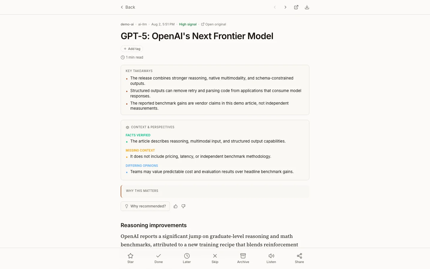 Article reader with AI-generated takeaways, context, and perspectives from deterministic demo data