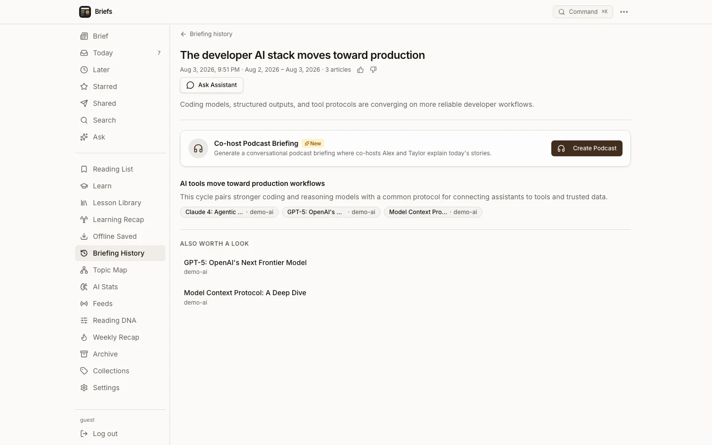 Personalized AI briefing generated from deterministic demo articles